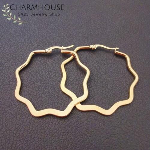 Charmhouse Hoop Earrings For Women Gold Color Geometrical Stainless Steel Earing Brincos Femme Wedding Bridal Jewelry Wholesale
