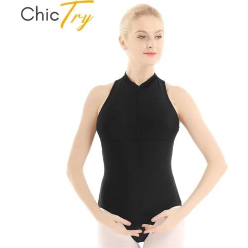 ChicTry Adult Sleeveless High Neck Ruffle Mesh Back Solid Color Bodysuit Dancewear Gymnastics Leotard Women Ballet Dance Costume