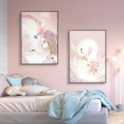 Dreaming Horse Swan Print Little Girl with Flower Poster Canvas Painting Pink Nursery Wall Art Princess Room Bedroom Home Decor