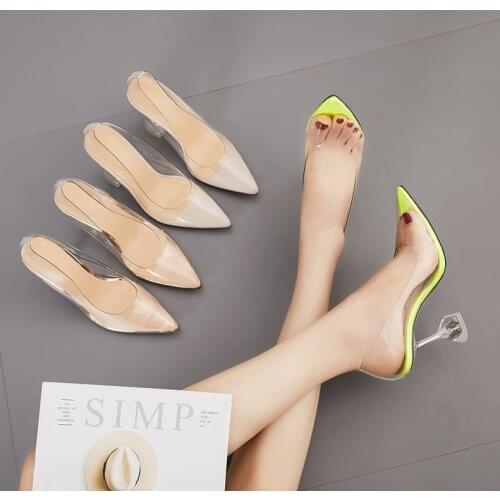 Europe And America Womens Transparent Pointed Shallow Mouth Thin Heeled High-Heel Large Size Shoes