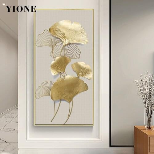 Golden Ginkgo Biloba Canvas Painting Modern Luxury Plant Wall Art Poster Print Pictures for Living Room Office Home Decoration