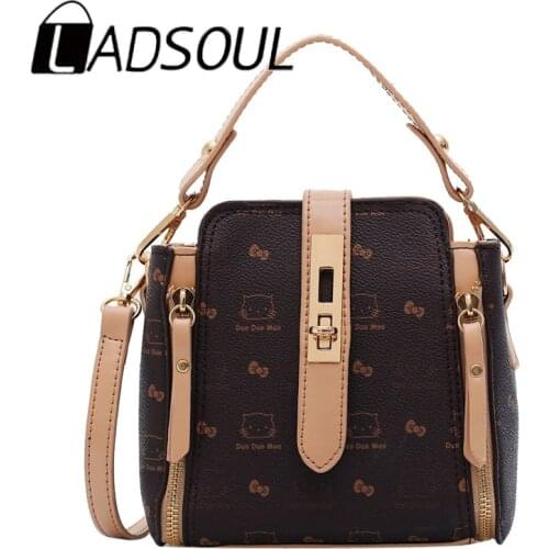 LADSOUL Women All-Match Korean Trendy Student Cat Bow-Knot Pattern Shoulder Crossbody Bag Bucket Messenger Bags bolsa feminina