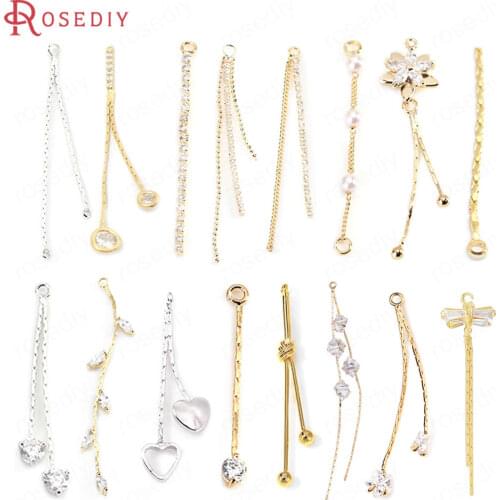 34497)6PCS 3*41MM Hole 1.5MM 24K Gold Color Brass Rhinestone Chain Tassel Charms High Quality Diy Jewelry Findings Accessories