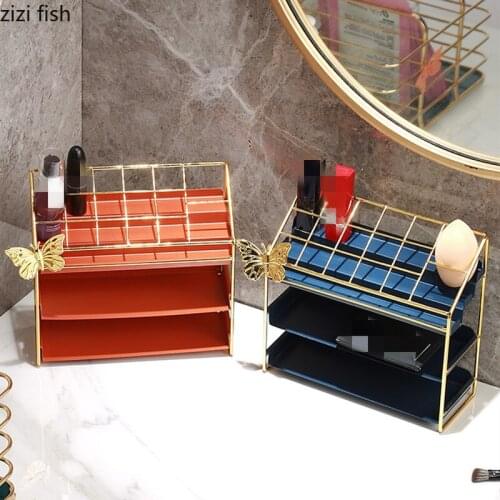 Dressing Table Cosmetic Metal Storage Rack Home Lipstick Storage Box Iron Art Decoration Three-layer Shelf Send Magnet Butterfly