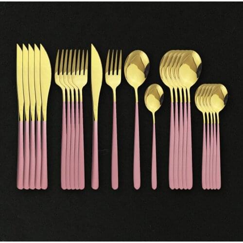 24Pcs Pink Gold Dinnerware Cutlery Set Stainless Steel Tableware Set Knife Fork Tea Spoon Kitchen Mirror Flatware Set