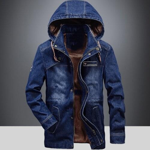 Autumn Winter Denim Jacket Men Fashion Mid-long Hooded Collar Jeans Coat Men Windbreaker Blue Jean Jacket chaqueta Jeans M-XXXL