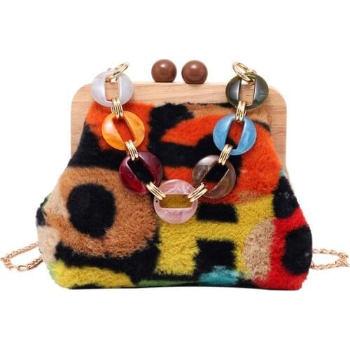 Wooden Clip Autumn and Winter Plush Handbag Female 2021 New Designer Korean Acrylic Chain Shoulder Messenger Bag Clutch Female