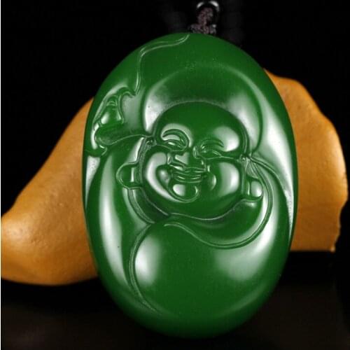 High Imitation Green Pendant Necklace Carved Maitreya Buddha Amulet Women Jades Jewelry Free Chain