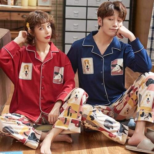 New Year Sleepwear Couple Pajamas Cartoon Anime Home Clothing for Women men Dog Pijamas Long Pant Cotton Nightwear 2 pieces