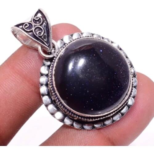 Blue Sun Stone Pendant Silver Overlay over Copper , 44 mm, P5667