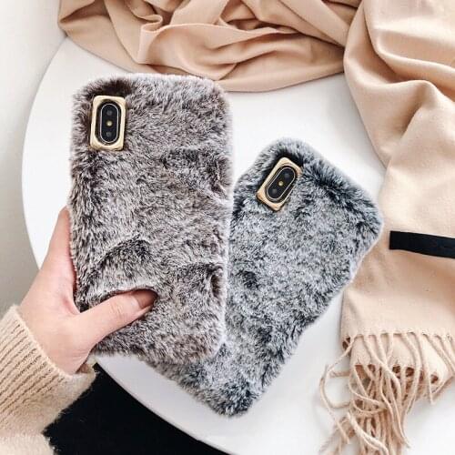 Luxury Rabbit Fur Case for iPhone X XS Max XR 8 7 6 6S Plus Cover Fashion Bling Diamond Winter Soft Furry Shell Plush Phone Case