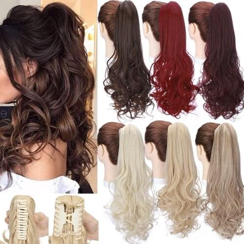 S-noilite 18inch Red Brown Claw On Ponytail Extension Synthetic 150g Long Wavy Pony Tail Hairpiece Clip In Extension For Women