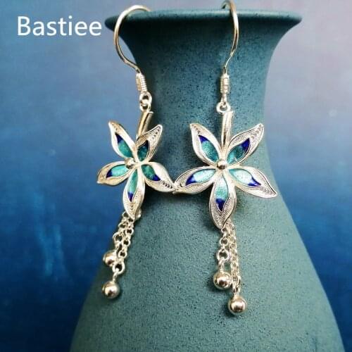 Bastiee Cloisonne Enamel Flower 999 Sterling Silver Earrings For Women Blue Earings Hmong Handmade Miao Jewelry Luxury Gifts