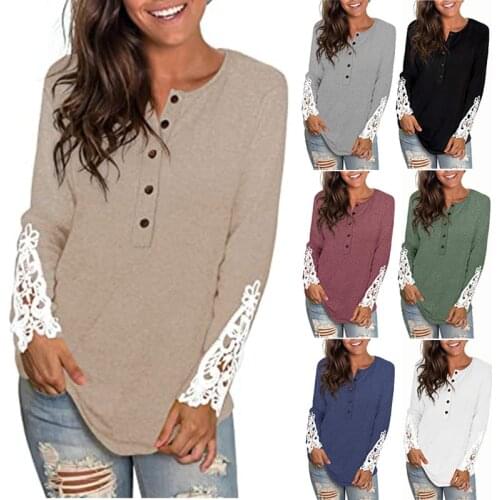 2021 European and American autumn new womens urban casual round neck T-shirt fashion stitching lace long-sleeved T-shirt Tops