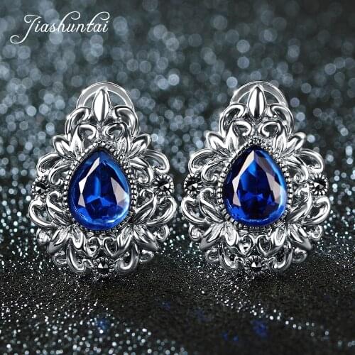 JIASHUNTAI Retro 100% 925 Sterling Silver Clip Earrings For Women Natural Precious Stones Vintage Thai Silver Earring Jewelry