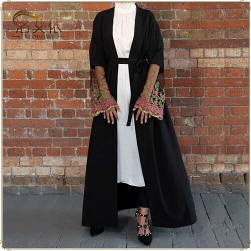 2021 Stitching Embroidery Lace Dubai Robe Ladies Light Luxury Cardigan Robe Black Long Muslim Long Skirt Moroccan Woman Jellaba