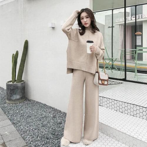 Autumn Winter 2 piece set Women Knitted Suit loose Half turtleneck Sweater Wide legs pants Suit racksuit trousers