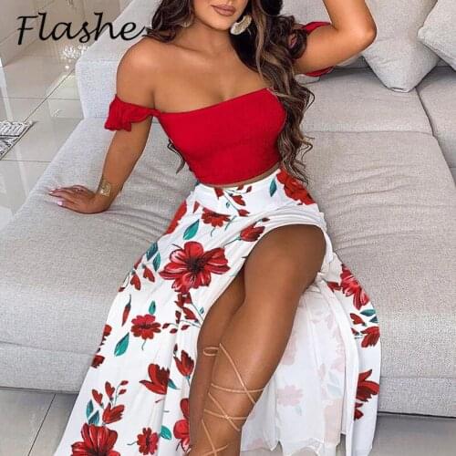 Summer Girls Skirt Sets Flower Print Sexy Off Shoulder Cropped Top+Skirts Two Piece Outfits for Women 2021 Holiday Female Suits
