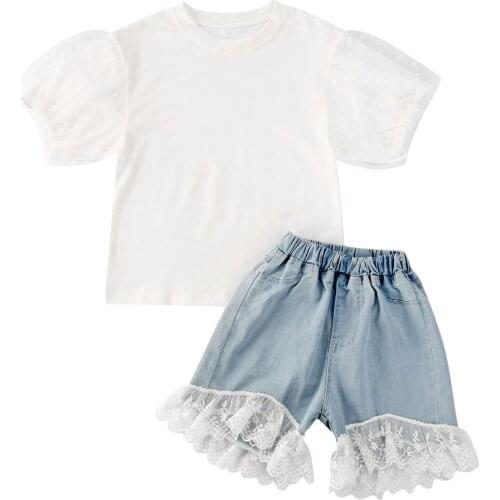 2-7Y Summer Fashion Infant Baby Girls Clothes Sets Lace Short Sleeve T Shirts Tops+Blue Shorts 2pcs