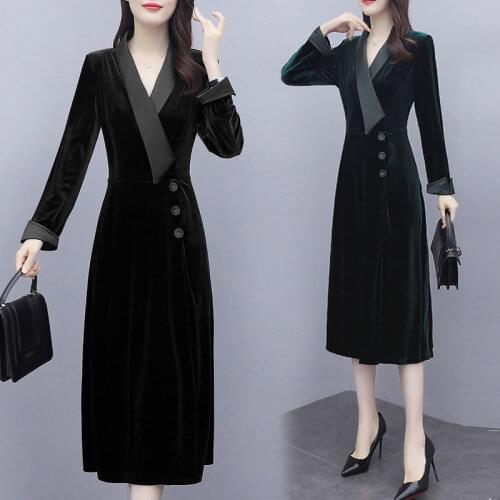 2021 Spring Autumn Vintage Gold Velvet Office Lady Dress Notched Black Long Dresses Women Elegant Bodycon Party Vestidos Y985