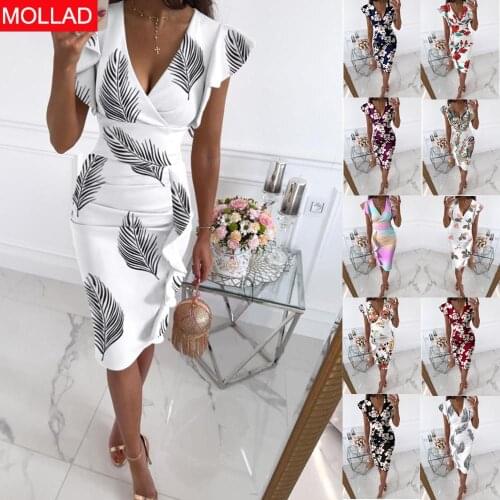 2021 AliExpress Hot Summer V-neck Slim Fit Waist Pleating Ruffled Sheath Dress