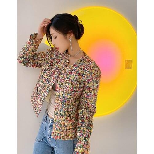 Autumn 2021 Temperament Color Plaid Woven Short Tweed Coats Women Fashion Long Sleeves Single Breasted Plus Size Jackets