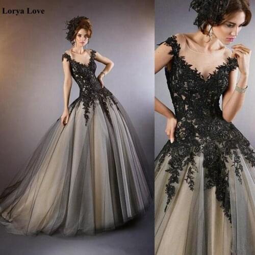 Black Lace Appliques Ball Gown Evening Dresses 2020 Women Party Night Elegant Robe De Soiree Vestidos Illusion Long Prom Dress