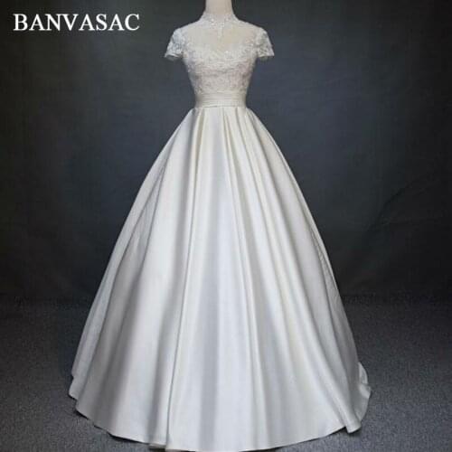 BANVASAC 2017 New Elegant Embroidery High Neck Wedding Dresses Short Sleeve Beadings Satin Lace Bridal Ball Gowns