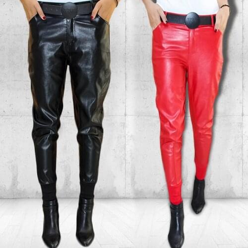 Fashion PU Leather Pants Women Autumn Elastic Waist Skinny Ankle Length Harem Pants Slim Faux Leather Trousers For Female
