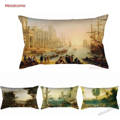 Baroque era Style Claude Lorrain Landscape Seaport Sunrise Sunset Oil Painting Lumbar Cushion Case Rectangle Waist Pillow Cover