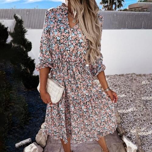 Floral Print Maxi Dresses Women 2021 Summer Casual Loose Vintage Ruffles Long Sleeve V-Neck Ladies Party Dress