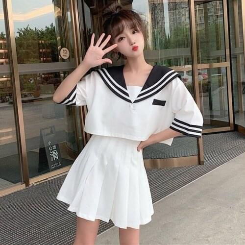 Japanese Cosplay Sailor Uniform Shirt Plus Size Sexy Korean School Clothes Uiform Kawaii Tops Skirt Two Piece Set Teenage Girl