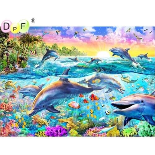 DPF 5D Round full Diamond painting Cross Stitch Diamond Embroidery Needlework a group of dolphin diamond Mosaic decor crafts