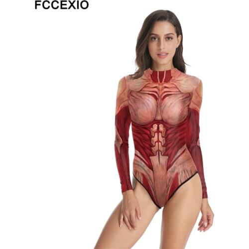 FCCEXIO Extremely Muscular Pattern 3D Print Women Swimsuit Summer Casual Long Sleeve Beachwear Bathing Suit Sexy Tight Swimwear