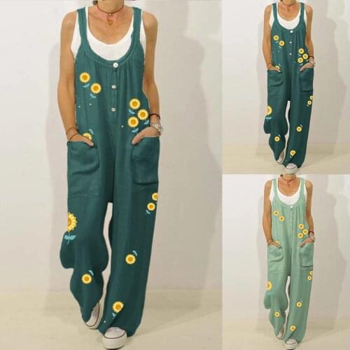 Bodysuit Women Plus Size Jumpsuit Summer Overalls Sunflower Print Cotton Linen Trousers Romper Sexy Streetwear Elegant Bodysuits