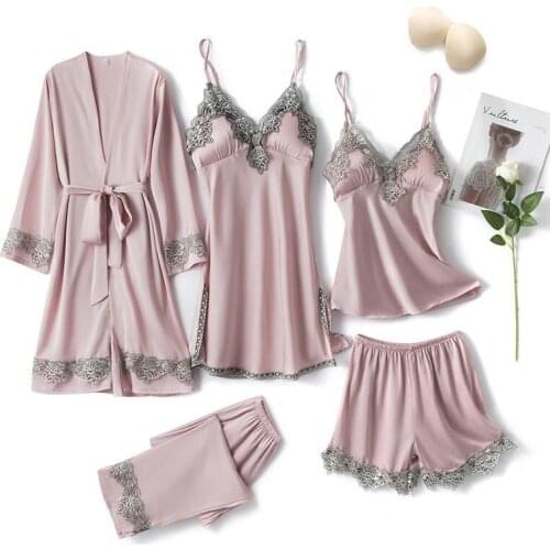 Pink Women Rayon 5PCS Robe Gown Sets Sexy Lace Floral Trim Bride Dressing Sleep Suit Loose Lingerie Pajamas Set Kimono Nightgown