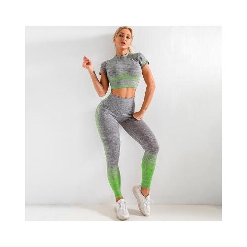 2PCS Women Sport Suit Yoga Set Gym Workout Clothes Short Sleeve Fitness Crop Top + High Waist Stretch Energy Seamless Leggings