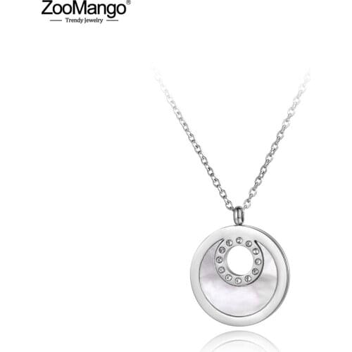 ZooMango Trendy Rhinestone Stainless Steel Chokers Necklaces Moon Shape Shell Circle Rose Gold Pendant Jewelry For Women ZN19044