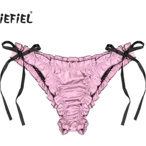 Mens Low Waist Panties Ruffles Satin Briefs Breathable Lace-up Pleated Trim Underpants Sissy Male Gay Underwear Sexy Shorts