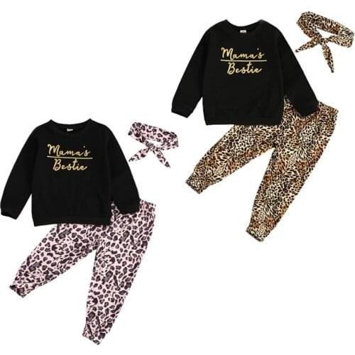 1-6Y Autumn Kids Baby Girls Clothes Sets Letter Leopard Print Long Sleeve Pullover Sweatshirt Tops Pants Headband