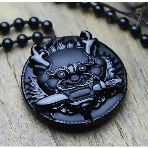 Natural Black Obsidian Hand Carved Dragon Head Lucky Amulet Pendant Necklace