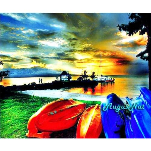 Scenery diamond embroidery painting full drill sunset wall art picture diamond dotz sea boat diamond stickers sky mosaic crafts