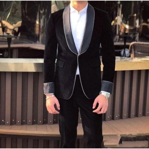 Jacket+Pants) Handsome Black Shawl Lapel 2 Piece Groom Tuexdos For Wedding Formal Prom Suit Party Evening Blazer Custom Made