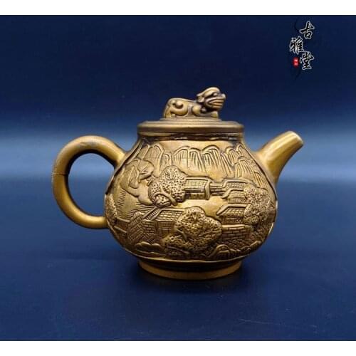 Rare Chinese QingDyansty(Qianlong:1711-1799) copper teapot made in reign, copper embossed landscape, small copper kettle