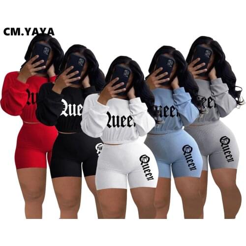 CM.YAYA Queen Letter Knit Two 2 Piece Set for Women Fall Winter Fitness Outfit Slash Neck Crop Top + Shorts Set Ribbed Tracksuit