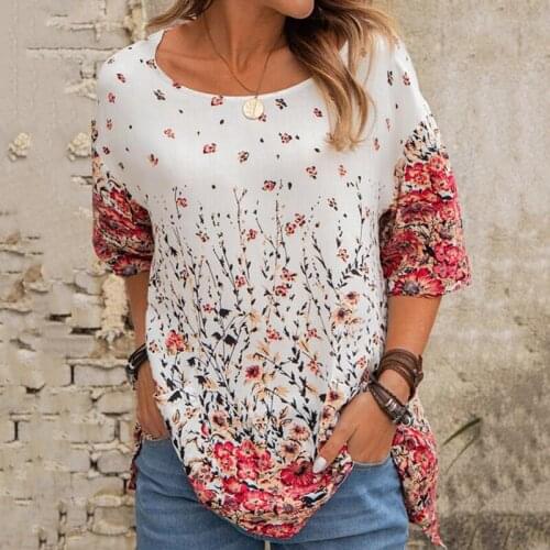 Ladies T-Shirt 2021 Summer Womens T-Shirts Half Sleeve V-Neck Flowers Print Fashion Casual Loose Shirt Tee
