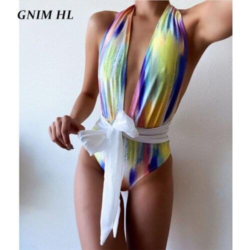 Ramdom Print Swimwear Women One Piece Cross Neck Bandage Bodysuit Summer 2020 Sexy Beachwear Backless Brazilian Swimsuit Bikini