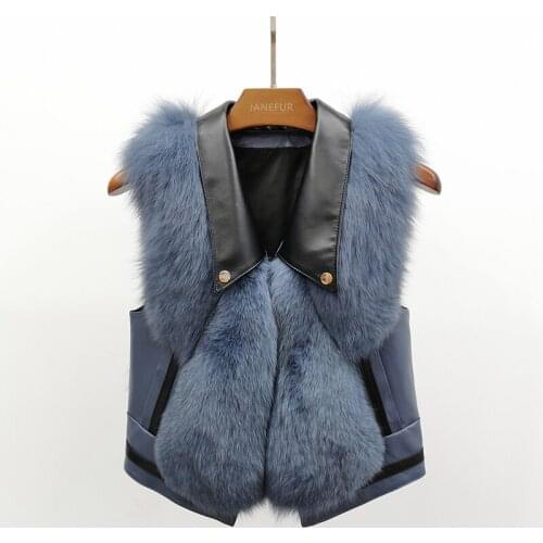 Winter Trendy Fox Fur Vest Turn-down Collar Short Women Natural Fur Sleeveless Jacket With Genuine Leather Collar
