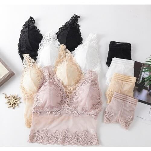 Fahion V-Neck Lace Gathered Bra Set Female Wrapped Chest Women Lace Bras With Briefs