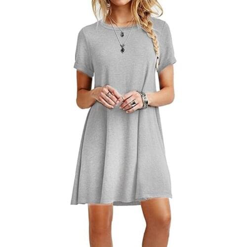 Woman Summer Dress Short Sleeves Midi Swing T-Shirt Dress Plus Size Plain Solid Color Crew Neck Casual Loose Pullover Tunic Tops
